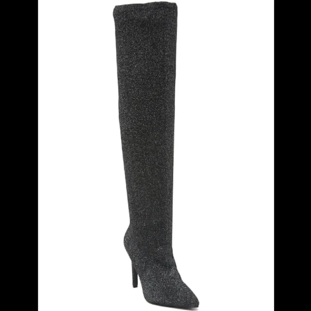 LAUREN LORRAINE Jenny OTK Boots Black‎ Shimmer Stretch sz 6
